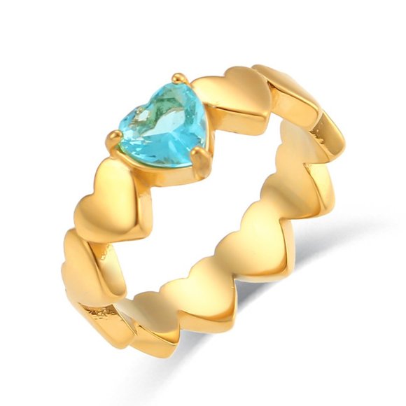 18K Gold Plated Light Blue Heart Zircon Ring Stainless Steel - Picture 3 of 8